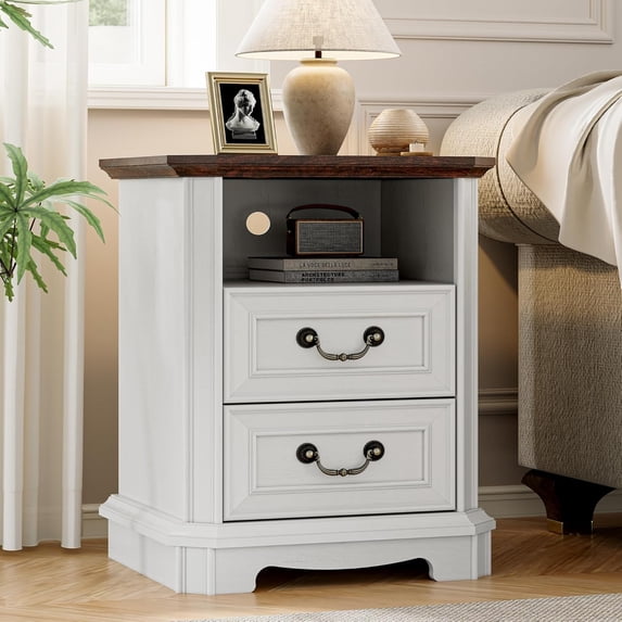 FANRAL Farmhouse 2 Drawers Dresser & Open Shelf,Rustic Dresser for Bedroom with Power Outlet,Chest of Drawers with Metal Handle,Wooden Dresser for Closet,White Dresser