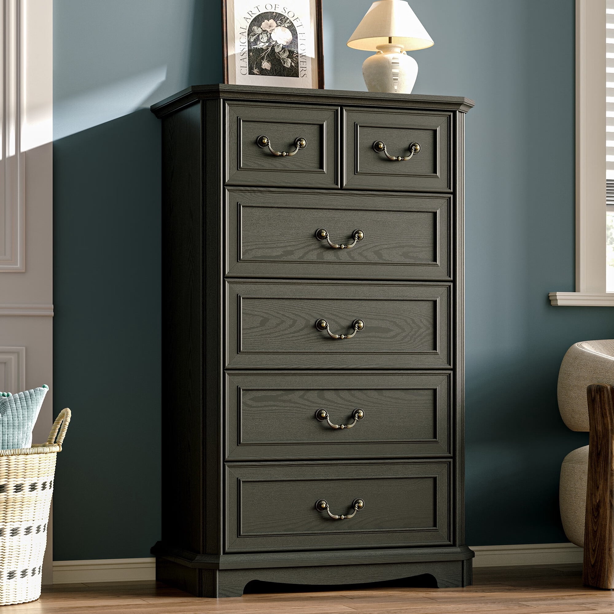 FANRAL Farmhouse 6 Drawers Tall Dresser for Bedroom,Wood Rustic Chest ...