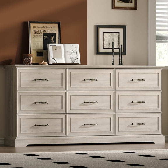 FANRAL 9 Drawers Dresser for Bedroom,Wood Rustic Storage Cabinet Chest of Drawers,Farmhouse Large Drawers with Metal Handles,Light Gray Dresser