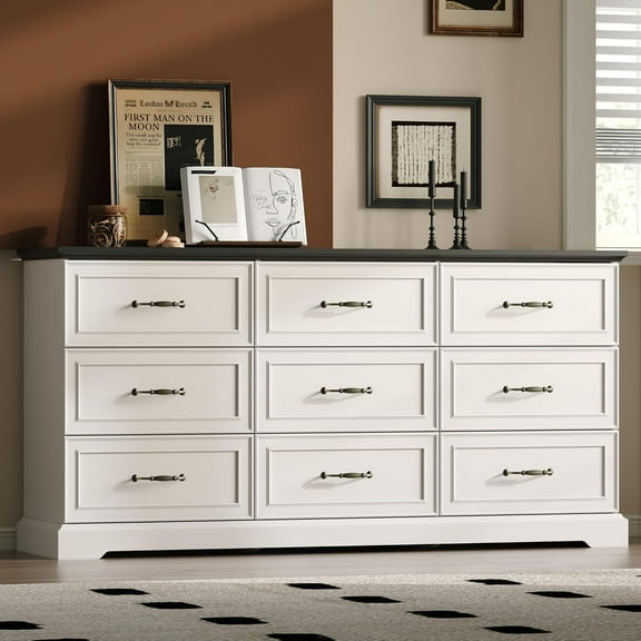 FANRAL Farmhouse 9 Drawers Dresser for Bedroom,Wood Rustic Storage Cabinet Chest of Drawers with Bar Handles,White Dresser