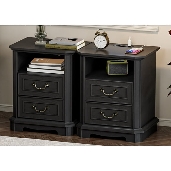 FANRAL Farmhouse Nightstand Set of 2 with Charging Station,2 Drawer Wood End Table,Small Side Bedside Table for Bedroom,Black Nightstand