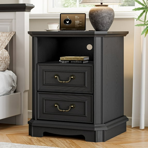 FANRAL Farmhouse Nightstand with Charging Station,2 Drawer Wood End Table,Small Side Bedside Table for Bedroom,Black Nightstand
