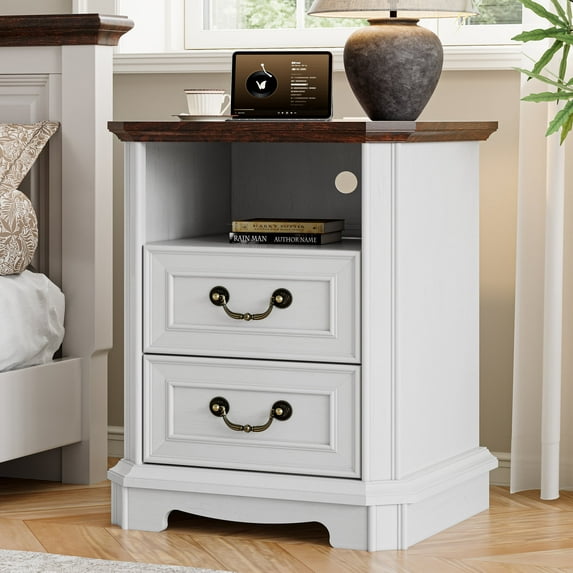 FANRAL Farmhouse Nightstand with Charging Station,2 Drawer Wood End Table,Small Side Bedside Table for Bedroom,White Nightstand
