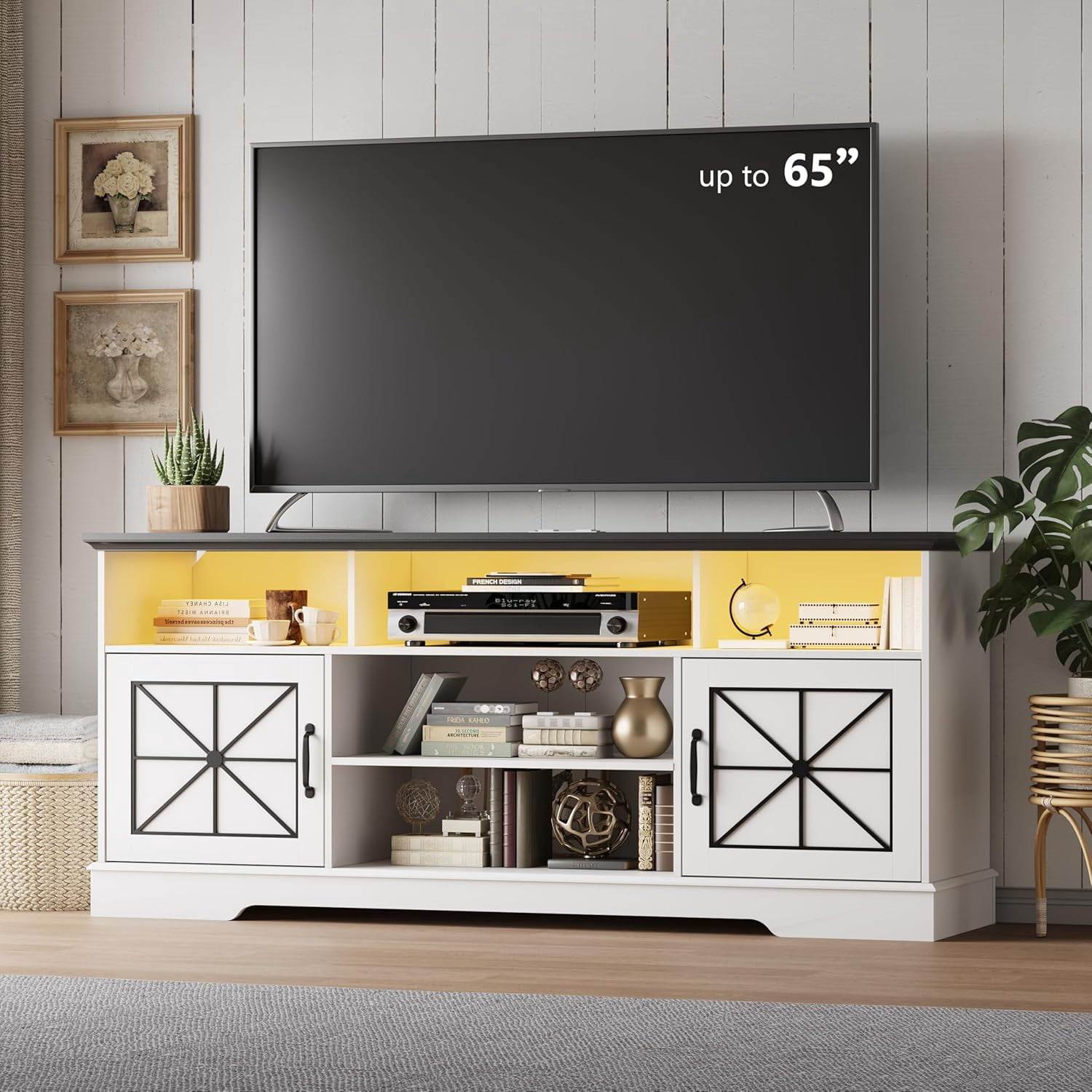 FANRAL Farmhouse TV Stand with RGB LED Lights,Entertainment Center for 65 Inch TV,Media Console with Power Outlets & Adjustable Shelf for Living Room,White TV Stand