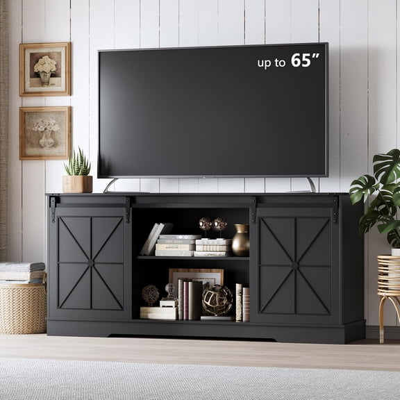FANRAL Farmhouse TV Stand with Sliding Barn Doors,Rustic Entertainment Center for 65 Inch TV,Media Console with Storage Cabinets & Cable Holes for Living Room,Black TV Stand