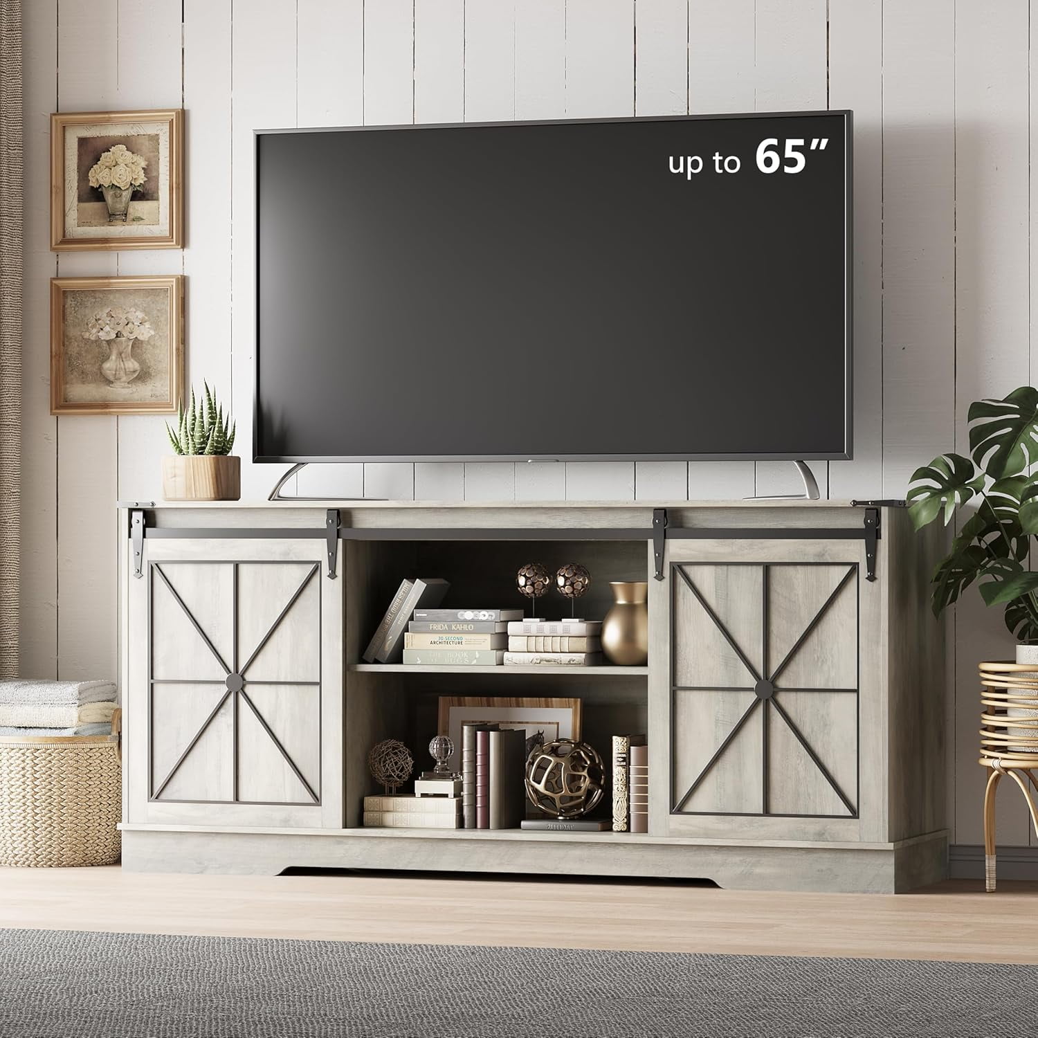 FANRAL Farmhouse TV Stand with Sliding Barn Doors,Rustic Entertainment Center for 65 Inch TV,Media Console with Storage Cabinets & Cable Holes for Living Room,Gray TV Stand