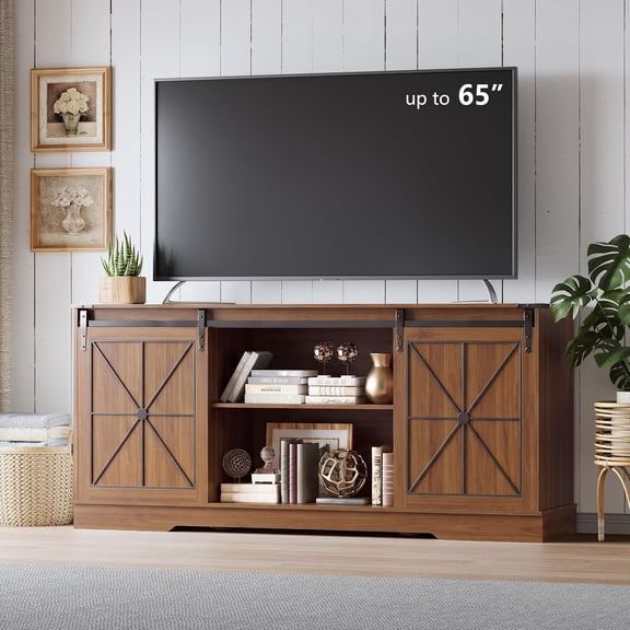 FANRAL Farmhouse TV Stand with Sliding Barn Doors,Rustic Entertainment Center for 65 Inch TV,Media Console with Storage Cabinets & Cable Holes for Living Room,Walnut TV Stand