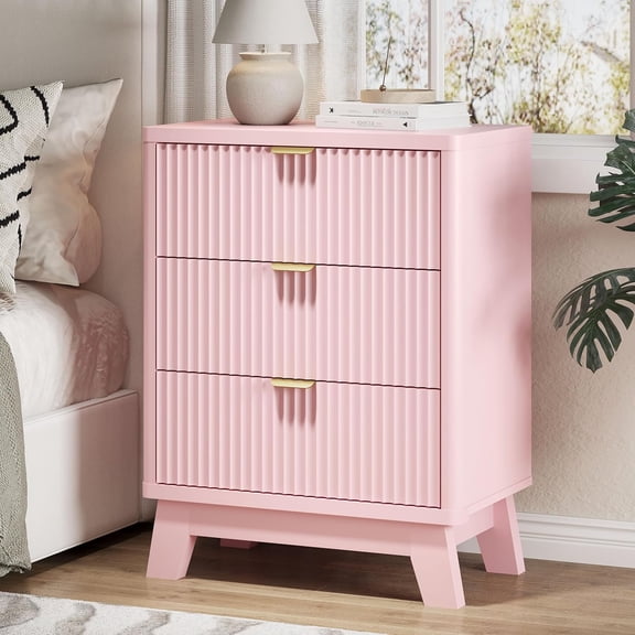FANRAL Fluted 3 Drawer Nightstand,Modern Bedside Table with Anti-Tip Safety Design,Wood End Table for Bedroom Living Room,Pink Night Stand