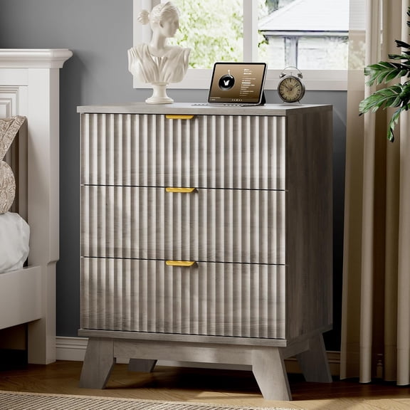 FANRAL Fluted Nightstand with Charging Station,Modern Bedside Table with Drawers,Wood End Table Small Dresser for Bedroom Living Room,Gray Night Stand