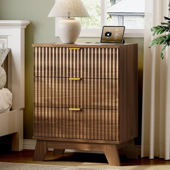 FANRAL Fluted Nightstand with Charging Station,Modern Bedside Table with Drawers,Wood End Table Small Dresser for Bedroom Living Room,Walnut Night Stand
