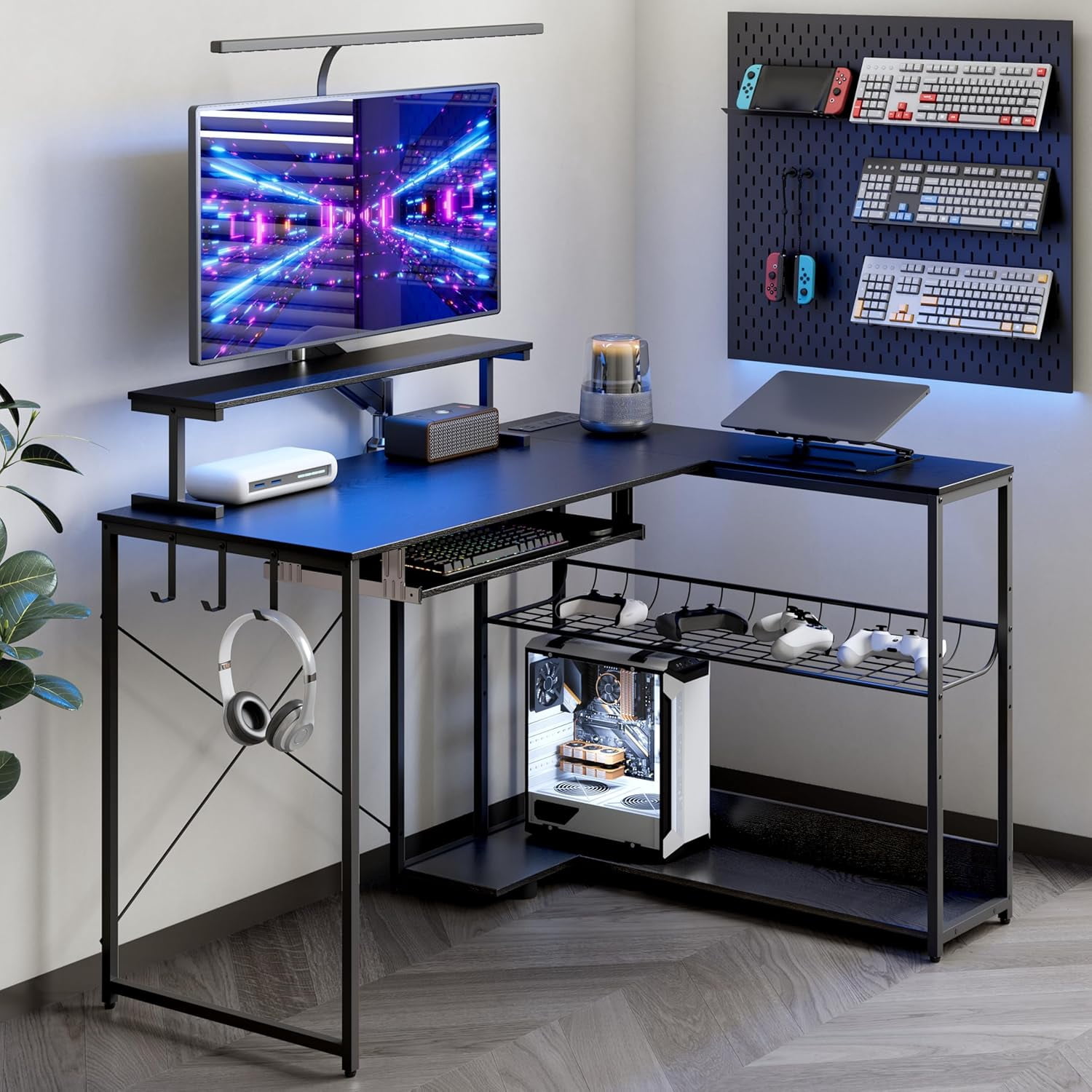 FANRAL L Shaped Computer Gaming Desk with Monitor Stand,LED Light & USB Power Outlet,Reversible Shelves Corner Desk with Keyboard Tray for Home Office Study,Black Computer Desk