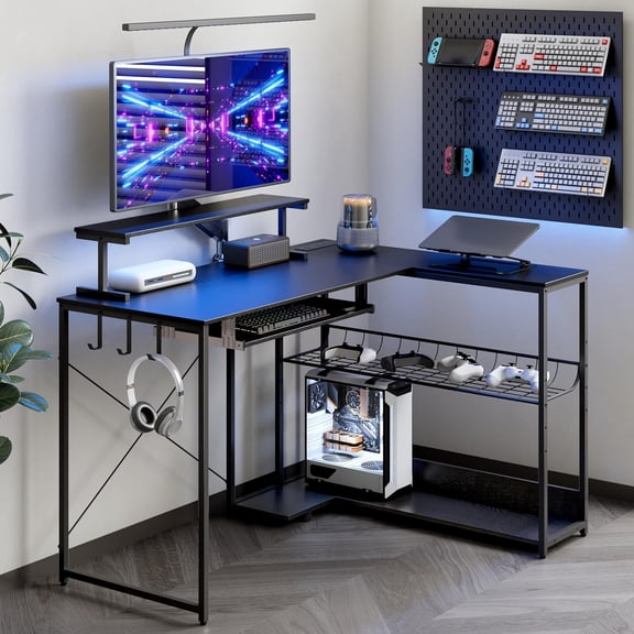 FANRAL L Shaped Computer Gaming Desk with Monitor Stand,LED Light & USB Power Outlet,Reversible Shelves Corner Desk with Keyboard Tray for Home Office Study,Black Computer Desk