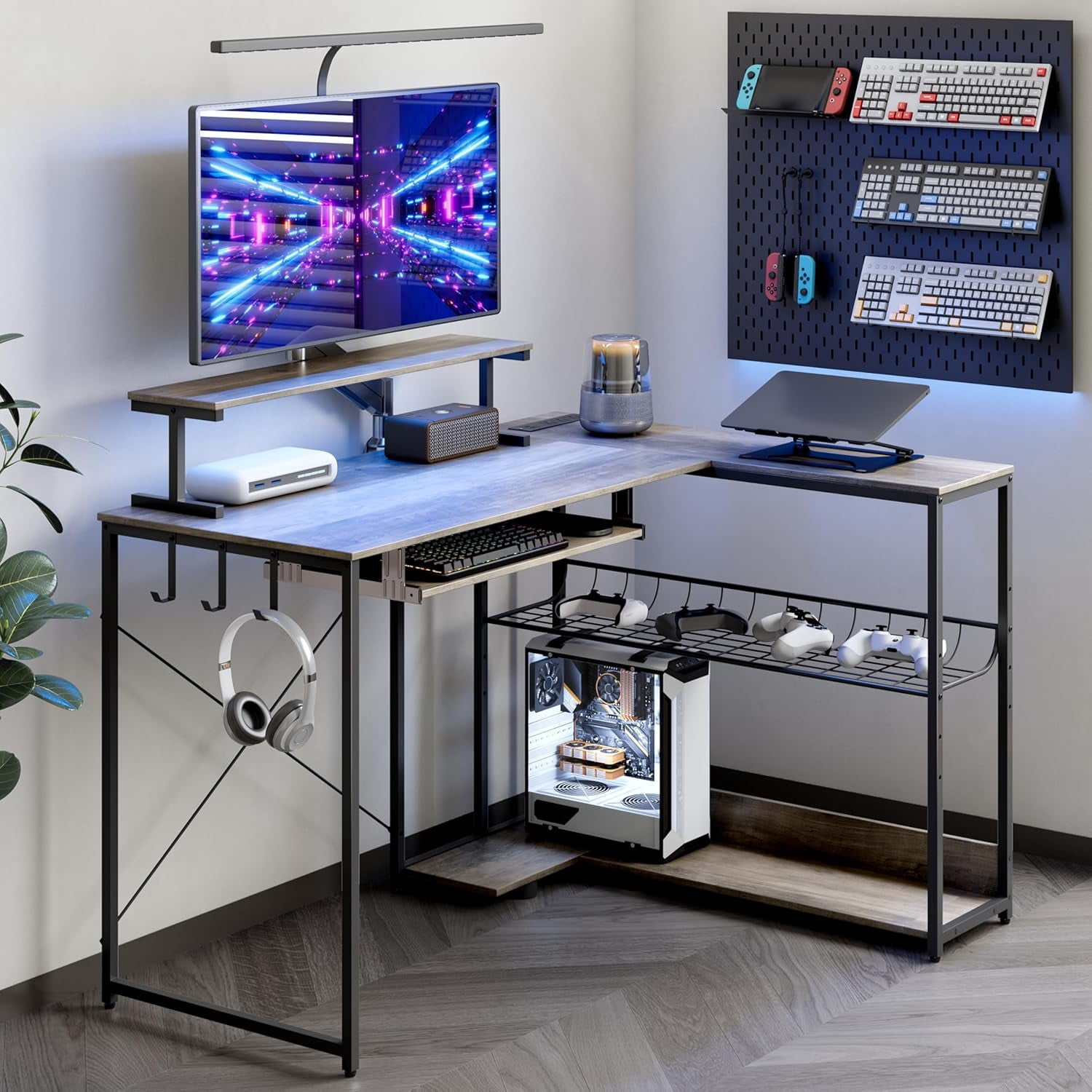 FANRAL L Shaped Computer Gaming Desk with Monitor Stand,LED Light & USB Power Outlet,Reversible Shelves Corner Desk with Keyboard Tray for Home Office Study,Gray Computer Desk
