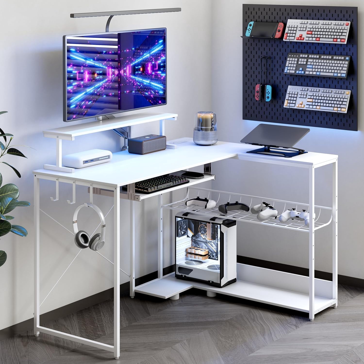FANRAL L Shaped Computer Gaming Desk with Monitor Stand,LED Light & USB Power Outlet,Reversible Shelves Corner Desk with Keyboard Tray for Home Office Study,White Computer Desk
