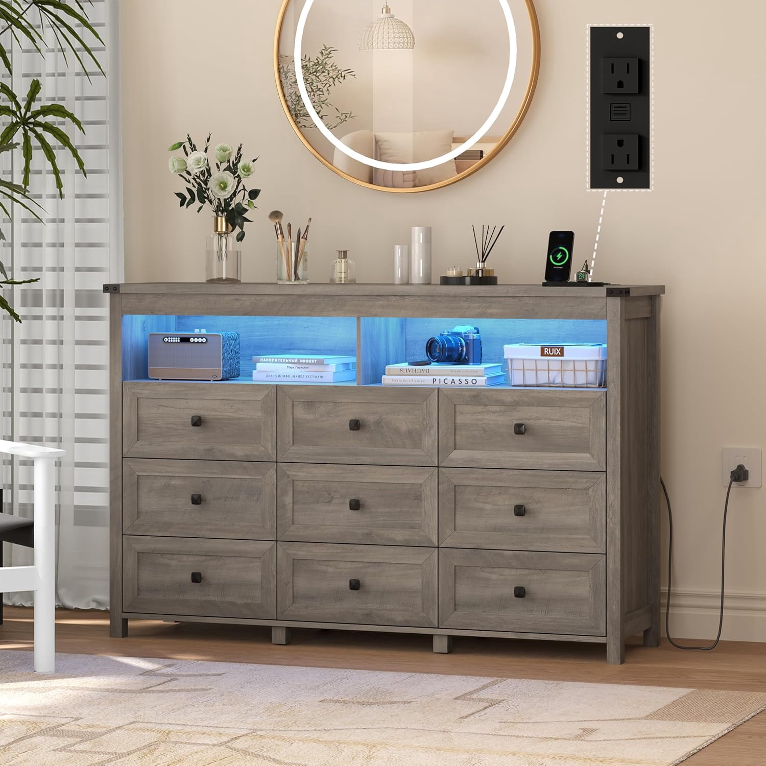 FANRAL LED Dresser for Bedroom,9 Drawers with LED Open Shelf,Wood Metal Handle Closet Storage Cabinet,Wide TV Stand Chests of Drawers,Light Gray Dresser