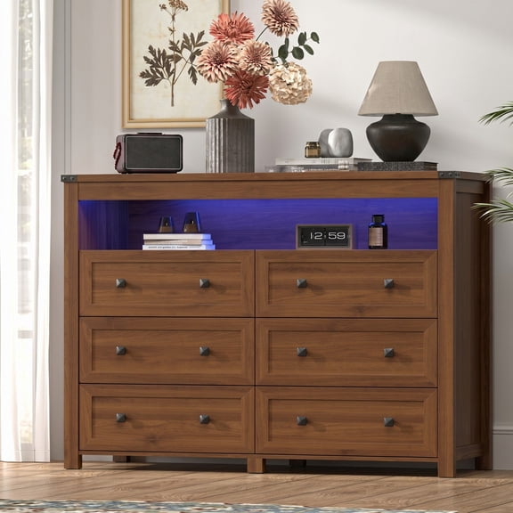 FANRAL LED Dresser for Bedroom,6 Drawers with LED Open Shelf,Wood Metal Handle Closet Storage Cabinet,Wide TV Stand Chests of Drawers,Walnut Dresser