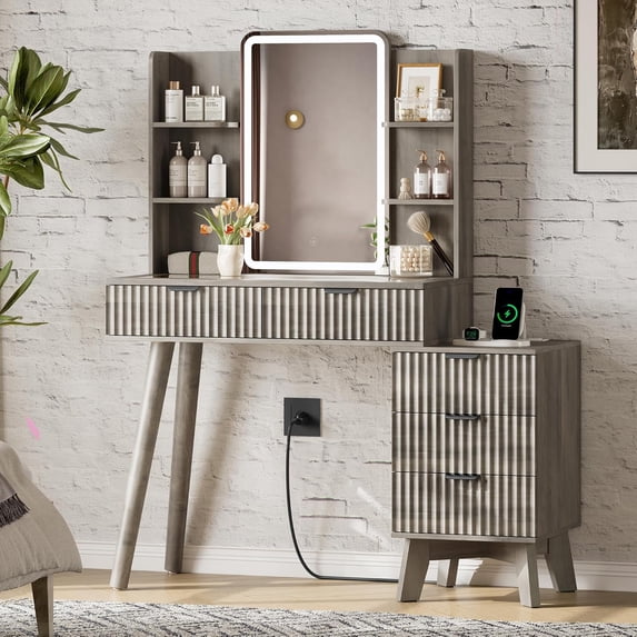 FANRAL LED Lighted Mirror Vanity Desk with Fluted Design,Charging Station & Glass Top,Modern Dressing Table with Storage Drawers & Shelves for Bedroom,Gray Vanity