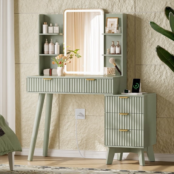 FANRAL LED Lighted Mirror Vanity Desk with Fluted Design,Charging Station & Glass Top,Modern Dressing Table with Storage Drawers & Shelves for Bedroom,Green Vanity