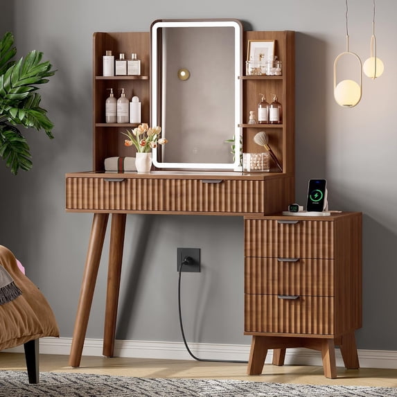 FANRAL LED Lighted Mirror Vanity Desk with Fluted Design,Charging Station & Glass Top,Modern Dressing Table with Storage Drawers & Shelves for Bedroom,Walnut Vanity
