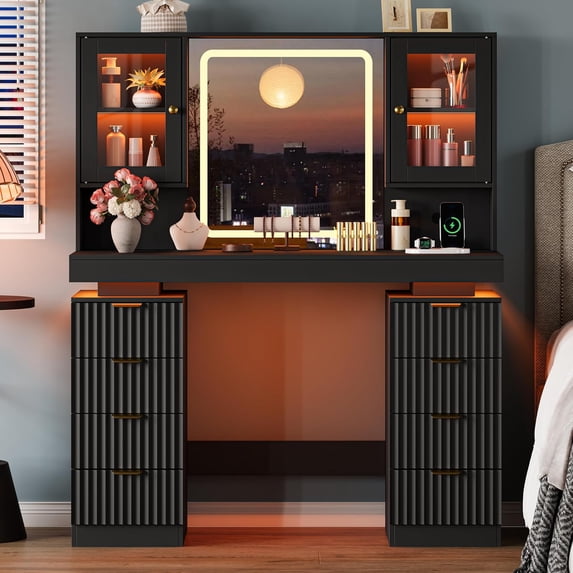 FANRAL Large Fluted Vanity with LED Lighted Mirror,Built-in Cabinet Lighting & Multi-Drawer Storage,Modern Dressing Table for Bedroom Beauty Space,Black Vanity