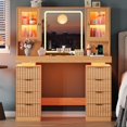 thumbnail image 1 of FANRAL Large Fluted Vanity with LED Lighted Mirror,Built-in Cabinet Lighting & Multi-Drawer Storage,Modern Dressing Table for Bedroom Beauty Space,Natural Oak Vanity, 1 of 8