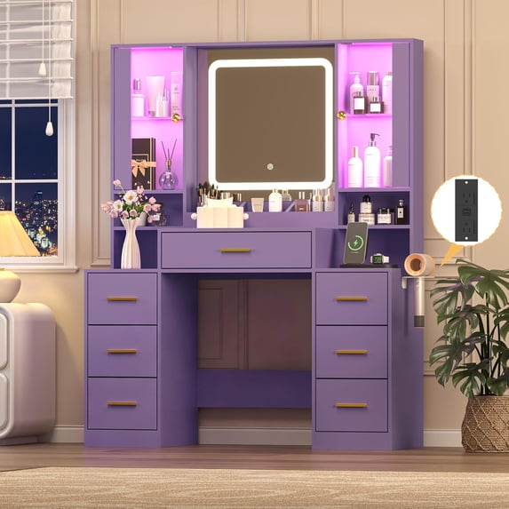 FANRAL Large Vanity Desk with LED Lighted Mirror & RGB Glass Cabinets,Built-in Charging Station & 7 Drawers,Modern Dressing Table for Bedroom Beauty Spaces,Purple Vanity