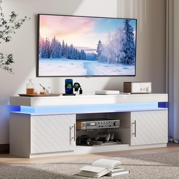 FANRAL Led TV Stand for Living Room,Bedroom TV Stand for 65 inch TV,Modern Entertainment Center,Wood TV Stand TV Cabinet with Power Outlet & Rgb Led Lights & Adjustable Glass Shelf,White