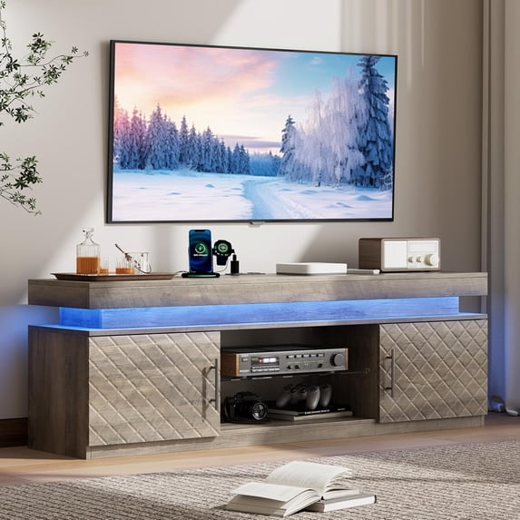 FANRAL Led TV Stand for Living Room,Bedroom TV Stand for 65 inch TV,Modern Entertainment Center,Wood TV Stand TV Cabinet with Power Outlet & Rgb Led Lights & Adjustable Glass Shelf,Gray