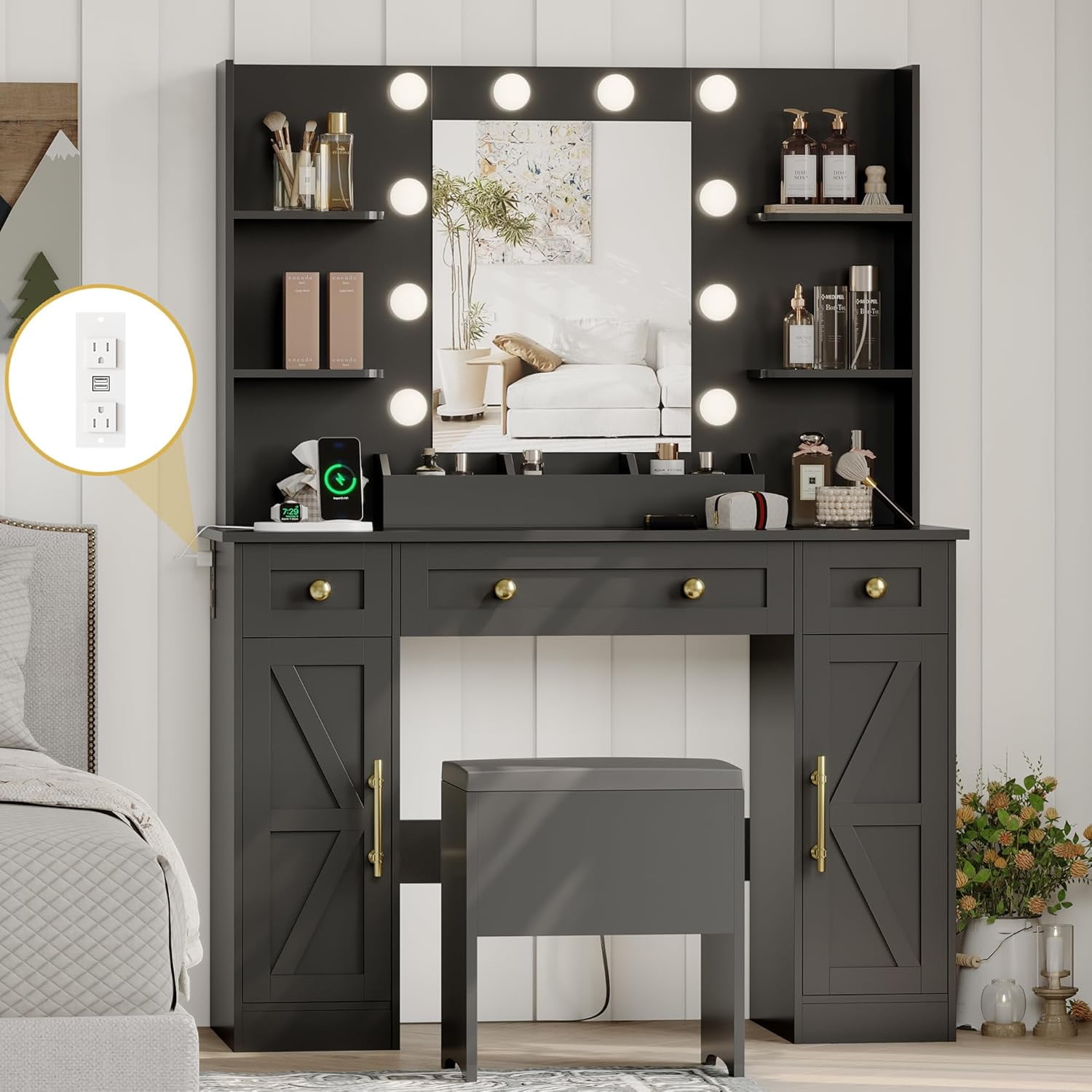 FANRAL Makeup Vanity Desk,42.5" Vanity Set with Mirror and Lights