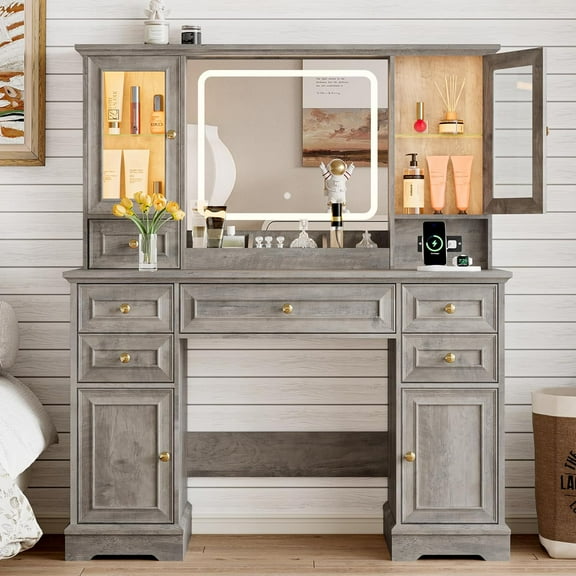FANRAL Makeup Vanity Desk with Mirror and Lights,Farmhouse Vanity with RGB Cabinets & Power Outlet,43.5" Large Vanity Table,Grey Vanity