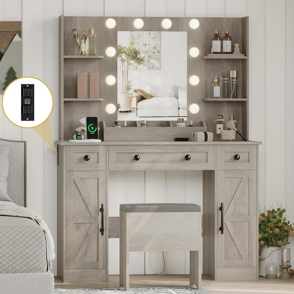 FANRAL Makeup Vanity Desk,42.5" Vanity Set with Mirror and Lights,Farmhouse Vanity with Chair & Power Outlet,Grey Vanity