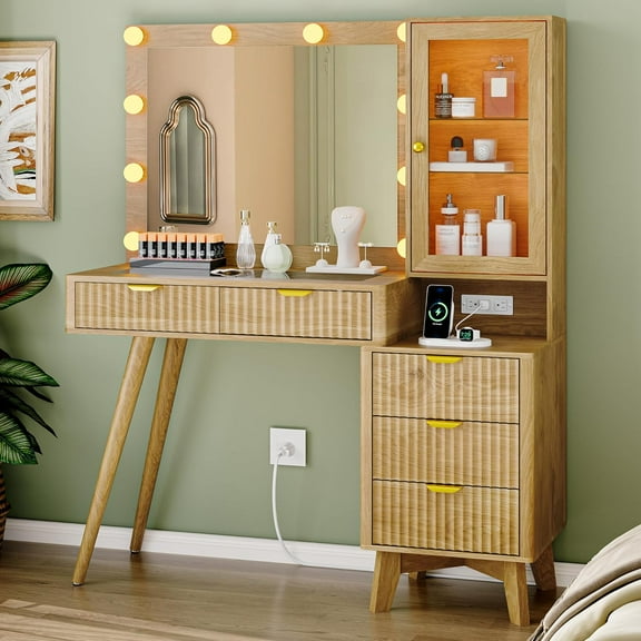 FANRAL Makeup Vanity with Lights and Mirror,Vanity Desk with 5 Drawers & Charging Station,Fluted Glass Top Vanity Table with RGB Storage Cabinet,Natural Oak Vanity