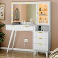 thumbnail image 1 of FANRAL Makeup Vanity with Lights and Mirror,Vanity Desk with 5 Drawers & Charging Station,Fluted Glass Top Vanity Table with RGB Storage Cabinet,White Vanity, 1 of 7