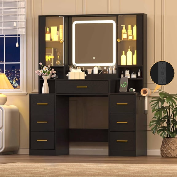 FANRAL Large Vanity Desk with LED Lighted Mirror & RGB Glass Cabinets,Built-in Charging Station & 7 Drawers,Modern Dressing Table for Bedroom Beauty Spaces,Black Vanity
