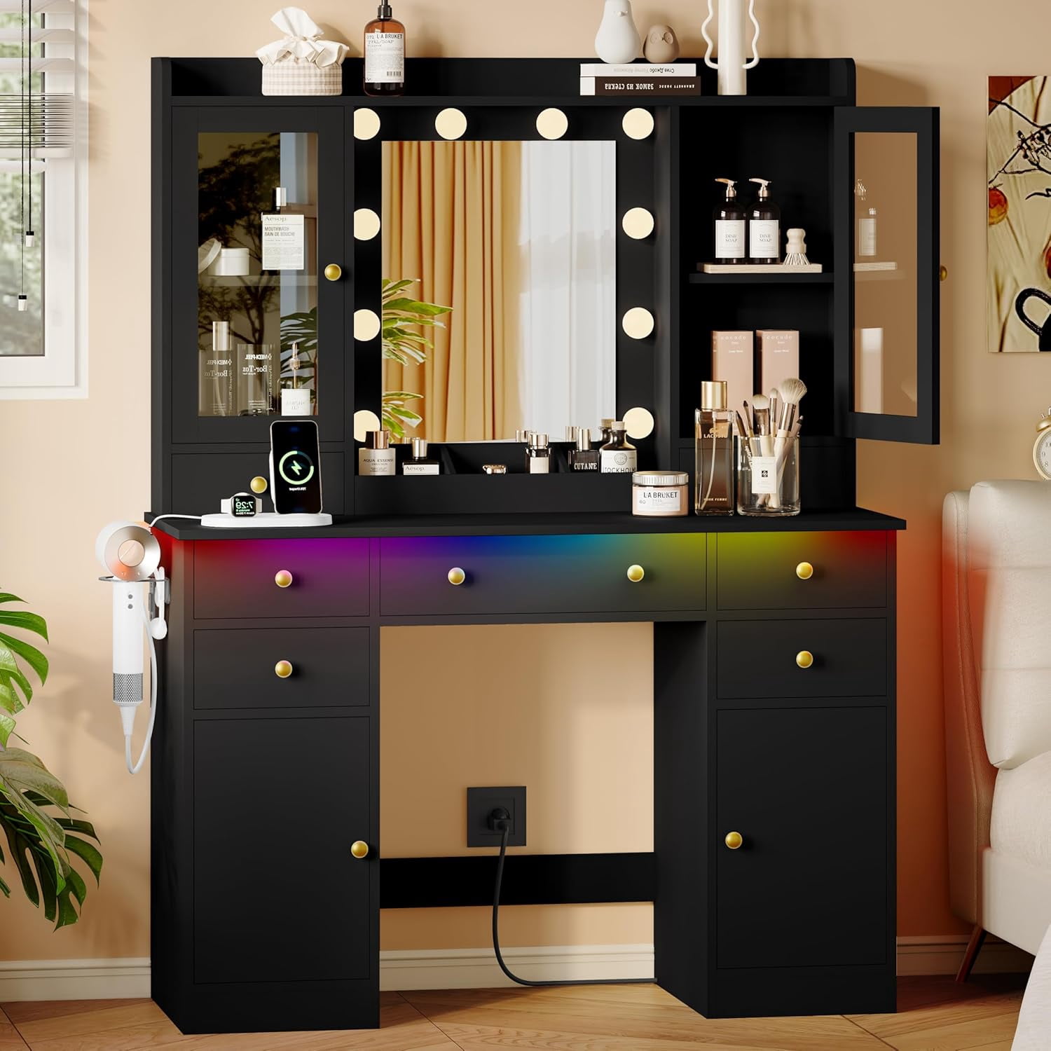 FANRAL 43.7" Vanity Desk with 10 Mirror Lights & Under-Table RGB,Charging Station & Hair Dryer Holder,Multi-Storage Dressing Table for Bedroom Bathroom,Black Vanity