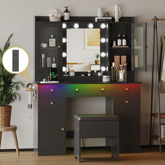 FANRAL Makeup Vanity Desk with Mirror and Lights,Vanity with Chair,43.5" Large Dressing Table with RGB Ambient Light,Black Vanity