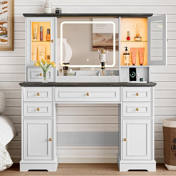 FANRAL Makeup Vanity Desk with Mirror and Lights,Farmhouse Vanity with RGB Cabinets & Power Outlet,43.5" Large Vanity Table,White Vanity