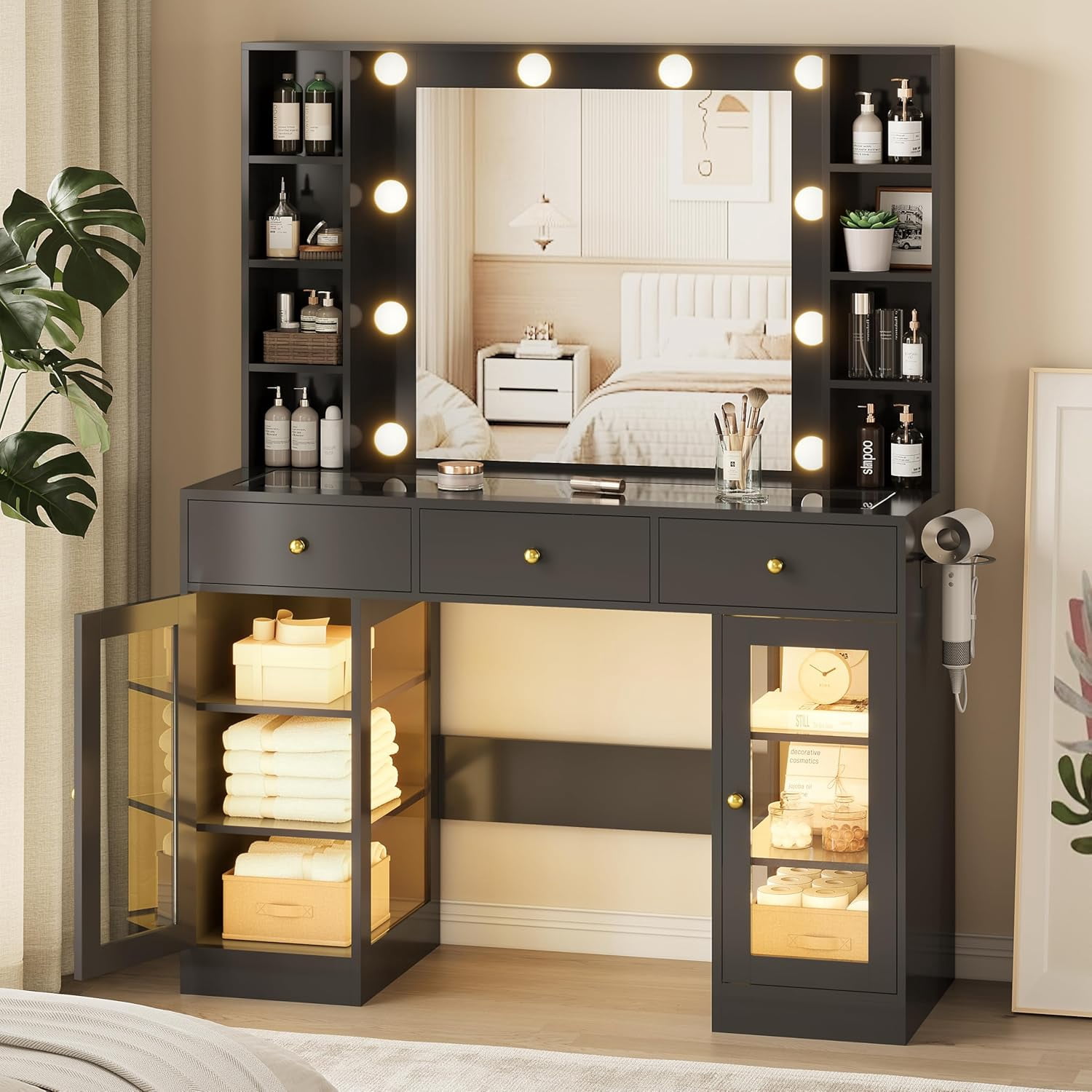 FANRAL Makeup Vanity with Mirror and Lights,Glass Top Vanity Desk with RGB Cabinets,43.5" Large Dressing Table for Women Bedroom,Black Vanity