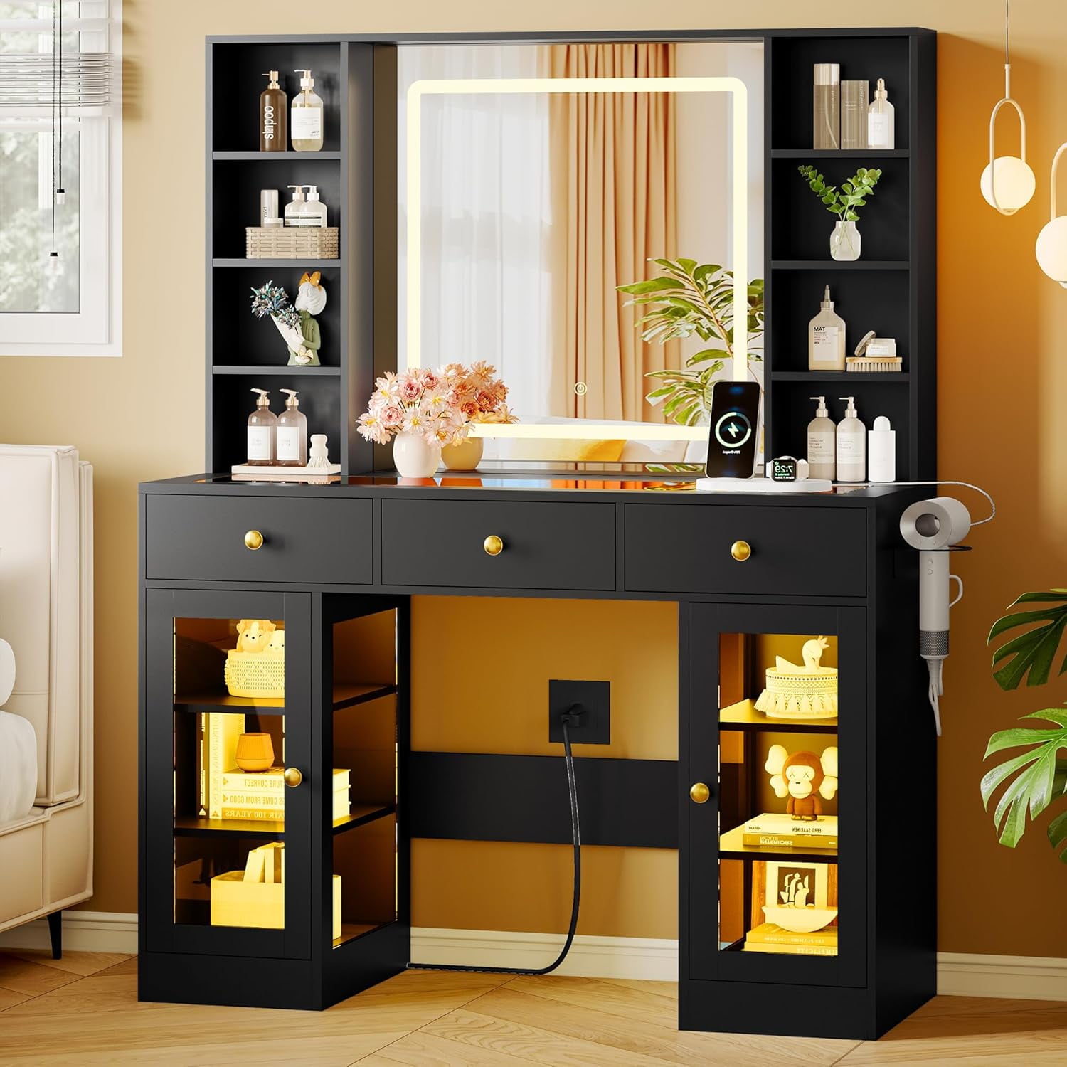 FANRAL Makeup Vanity with Mirror and Lights,Glass Top Vanity Desk with — free download