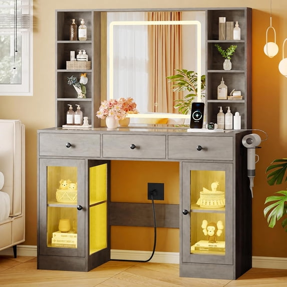FANRAL Makeup Vanity with Mirror and Lights,Glass Top Vanity Desk with RGB Cabinets,43.5" Large Dressing Table for Women Bedroom,Grey Vanity