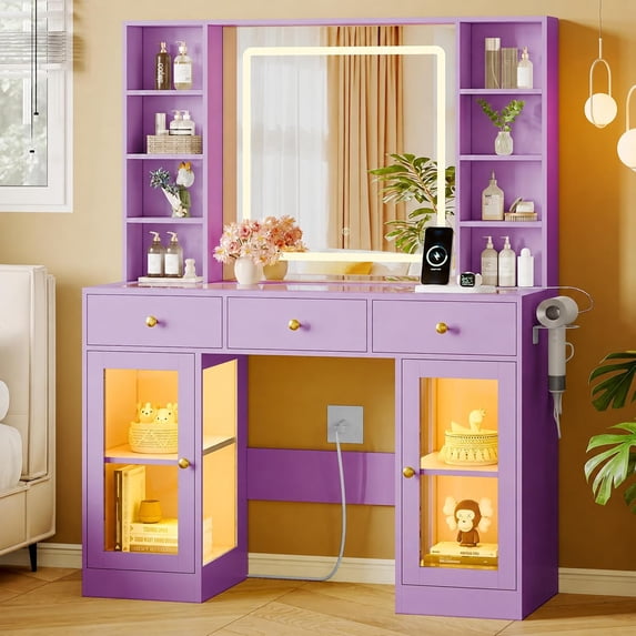 FANRAL Makeup Vanity with Mirror and Lights,Glass Top Vanity Desk with RGB Cabinets,43.5" Large Dressing Table for Women Bedroom,Purple Vanity