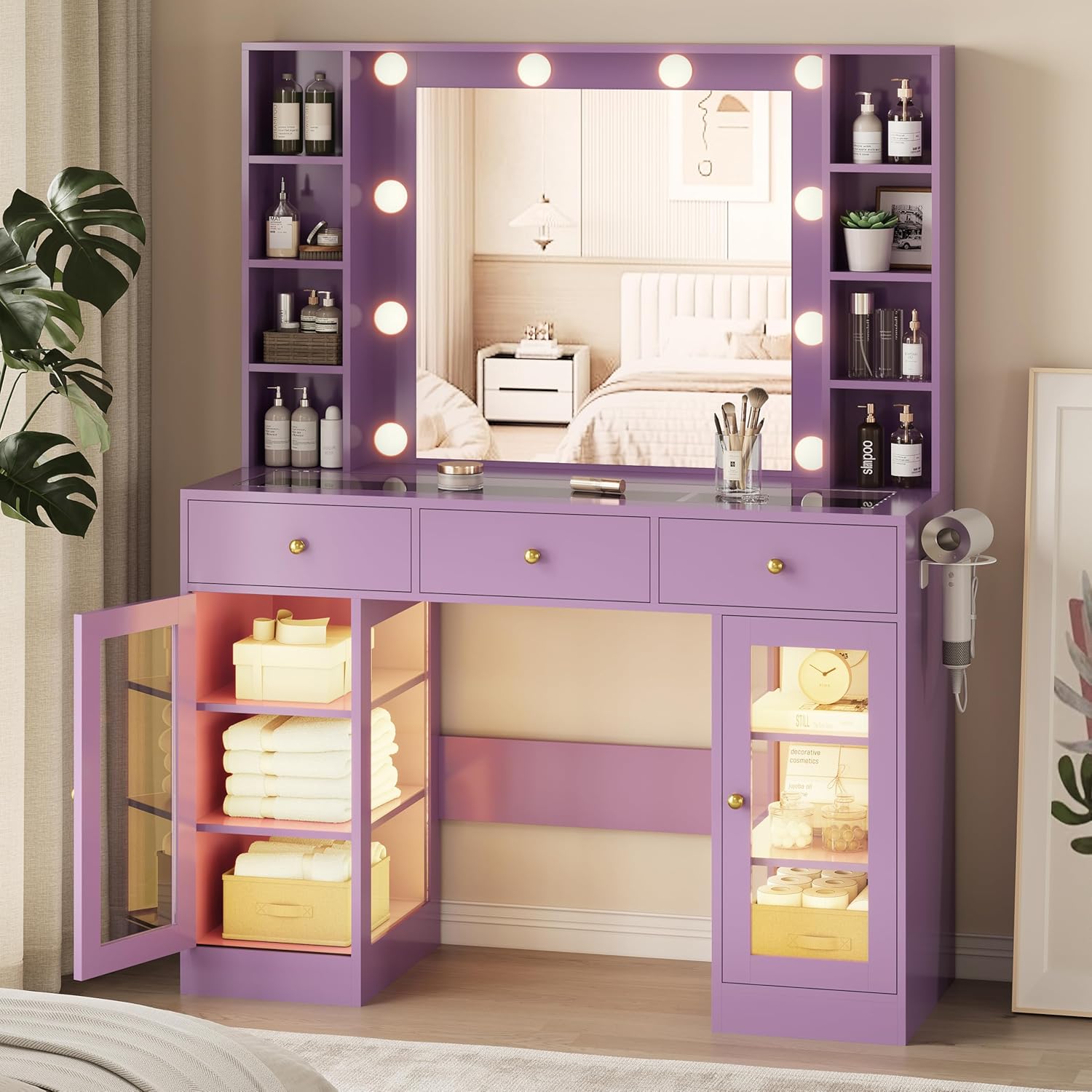 FANRAL Makeup Vanity with Mirror and Lights,Glass Top Vanity Desk with RGB Cabinets,43.5" Large Dressing Table for Women Bedroom,Purple Vanity