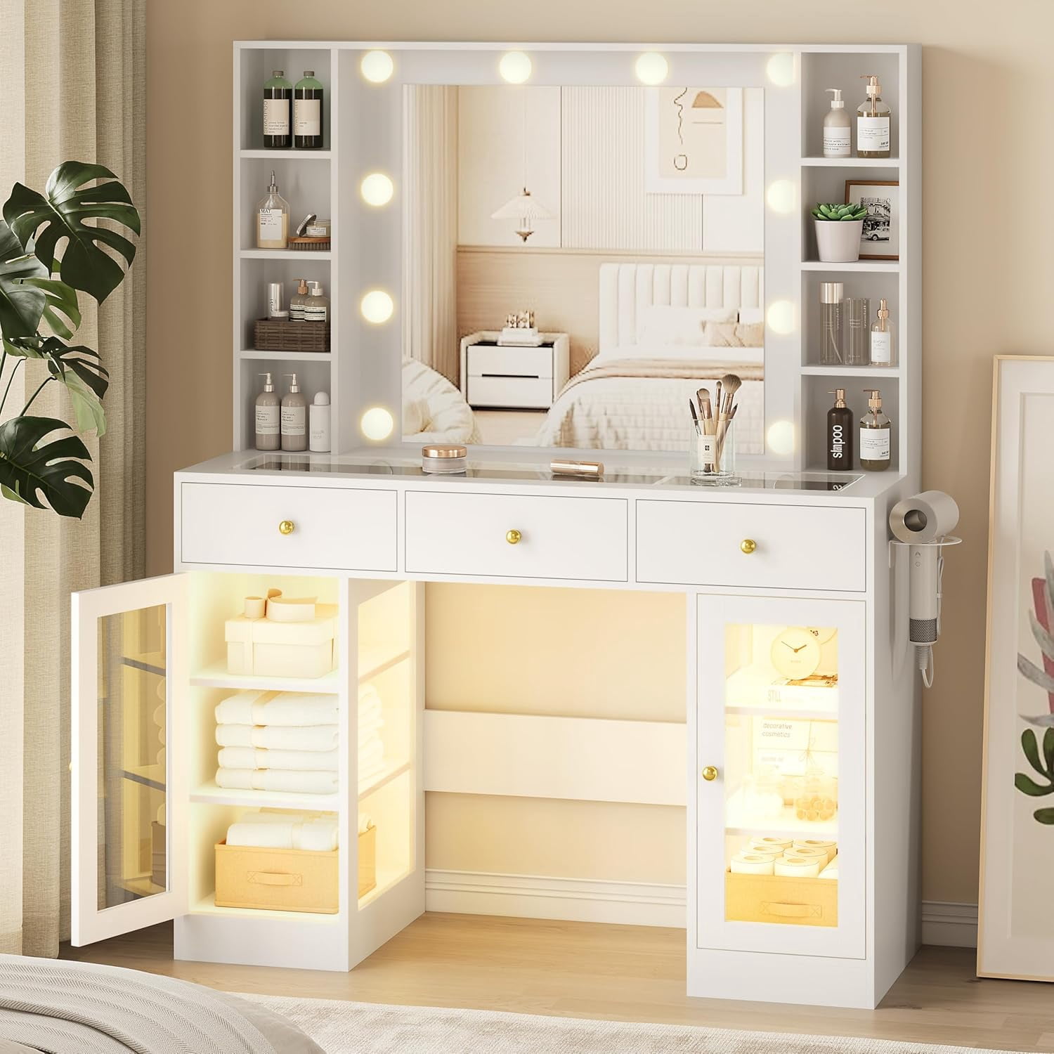 FANRAL Makeup Vanity with Mirror and Lights,Glass Top Vanity Desk with RGB Cabinets,43.5" Large Dressing Table for Women Bedroom,White Vanity