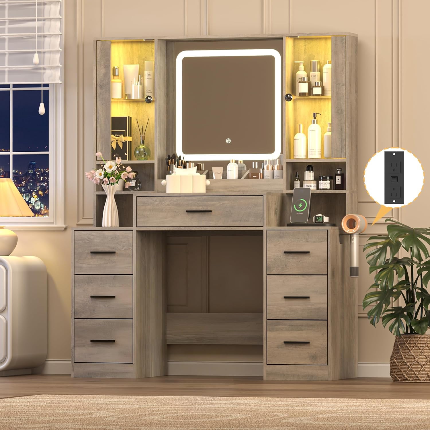 FANRAL Large Vanity Desk with LED Lighted Mirror & RGB Glass Cabinets,Built-in Charging Station & 7 Drawers,Modern Dressing Table for Bedroom Beauty Spaces,Gray Vanity