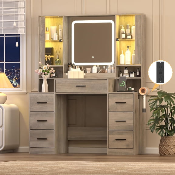 FANRAL Large Vanity Desk with LED Lighted Mirror & RGB Glass Cabinets,Built-in Charging Station & 7 Drawers,Modern Dressing Table for Bedroom Beauty Spaces,Gray Vanity
