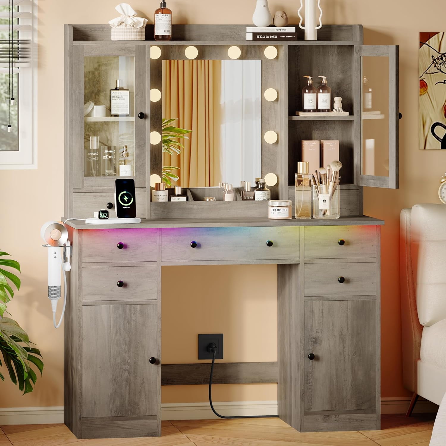 FANRAL 43.7" Vanity Desk with 10 Mirror Lights & Under-Table RGB,Charging Station & Hair Dryer Holder,Multi-Storage Dressing Table for Bedroom Bathroom,Gray Vanity