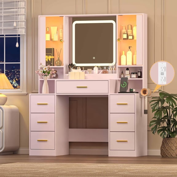 FANRAL Large Vanity Desk with LED Lighted Mirror & RGB Glass Cabinets,Built-in Charging Station & 7 Drawers,Modern Dressing Table for Bedroom Beauty Spaces,Pink Vanity