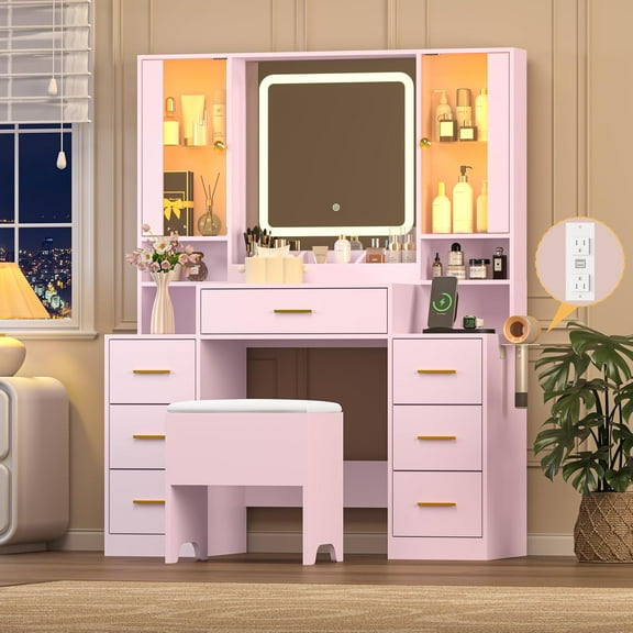 FANRAL Makeup Vanity,Vanity Set with Mirror and Lights,Vanity Desk with Chair & LED Glass Cabinet,43.5" Large Pink Vanity