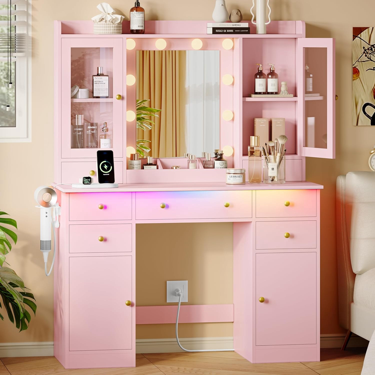 FANRAL 43.7" Vanity Desk with 10 Mirror Lights & Under-Table RGB,Charging Station & Hair Dryer Holder,Multi-Storage Dressing Table for Bedroom Bathroom,Pink Vanity
