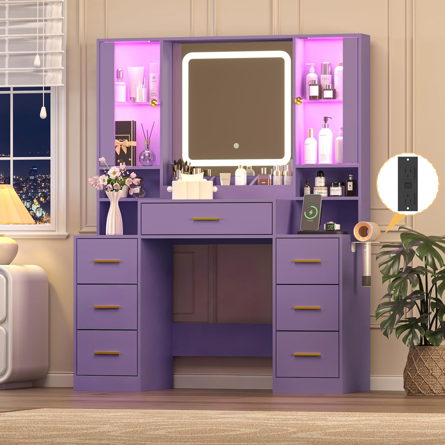 FANRAL Large Vanity Desk with LED Lighted Mirror & RGB Glass Cabinets,Built-in Charging Station & 7 Drawers,Modern Dressing Table for Bedroom Beauty Spaces,Purple Vanity